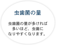 虫歯菌の量 虫歯菌の量が多ければ多いほど、虫歯になりやすくなります。